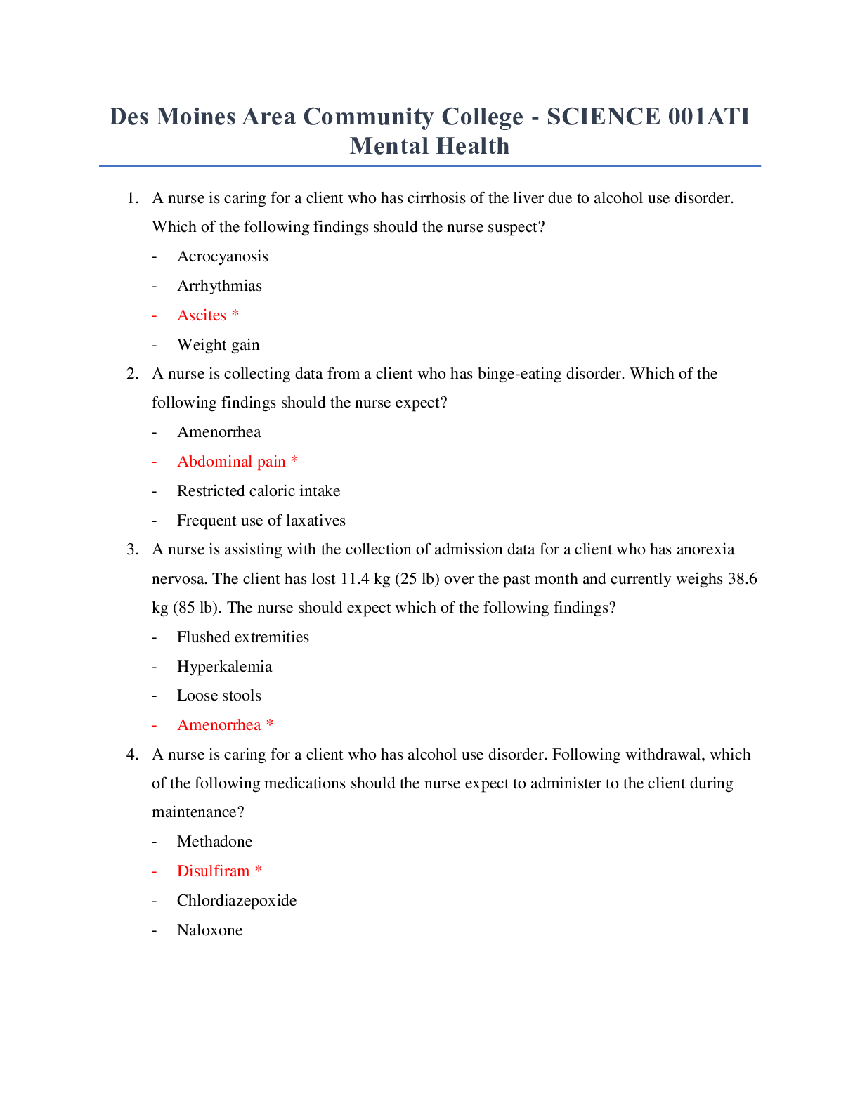 Preview of Des Moines Area Community College - SCIENCE 001ATI Mental Health. Graded A